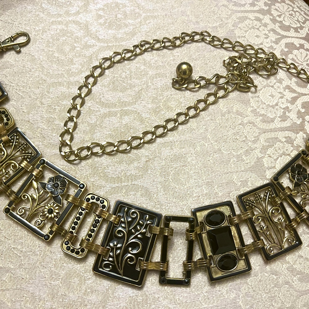 Vintage art deco belt gold & black floral geometric chain adjustable boho EUC - Picture 4 of 14
